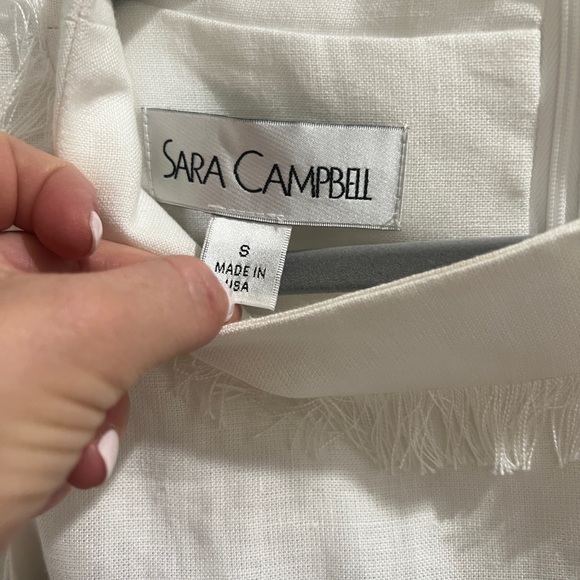 Preppy White and Navy Linen Dress with high collar and fringe detail size S - Picture 3 of 5